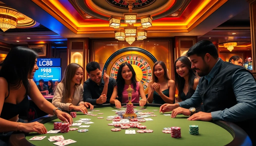 Players enjoying a thrilling casino experience with LC88 branding, poker chips, and a roulette wheel.