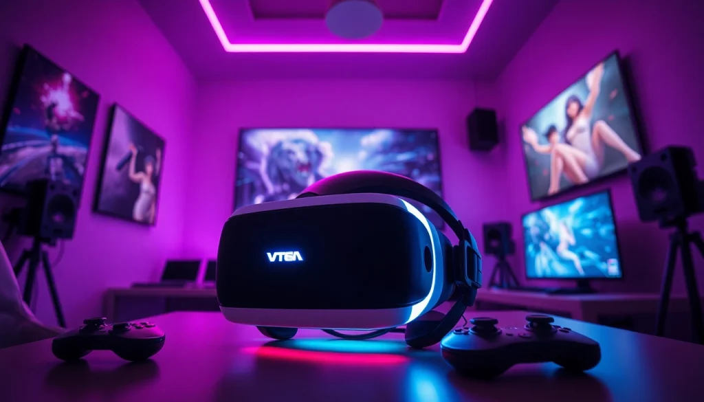 Porn games virtual reality setup with modern gaming equipment and ambient lighting.