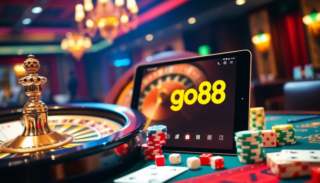 Experience excitement with go88 at a luxurious casino table featuring roulette and cards.