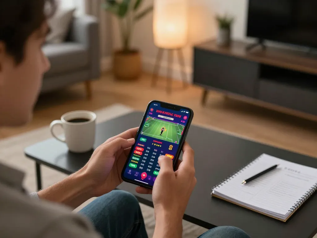 Engaging in sports betting on betbet app with live odds, cozy home environment enhancing the experience