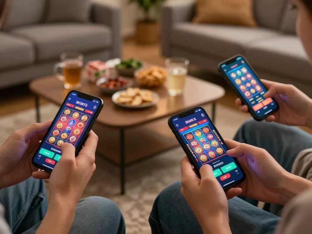 KONG88 players enjoying exciting online gaming on mobile devices in a cozy home setting.
