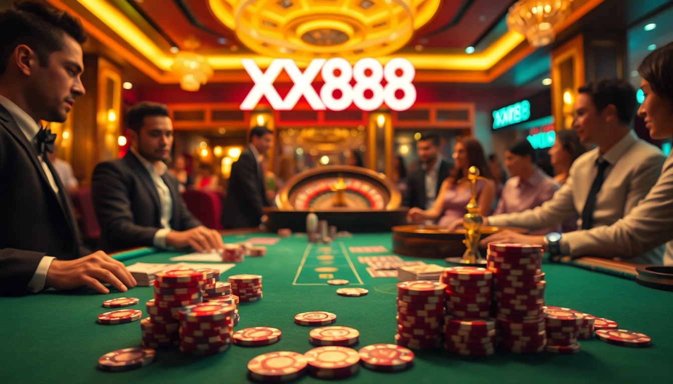 Experience thrilling gameplay at XX88's high-stakes poker tables with vibrant casino ambiance.