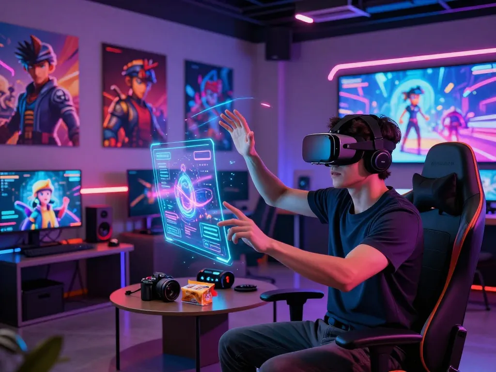 Engaging user experience with 18+ AI characters in vibrant VR setup.