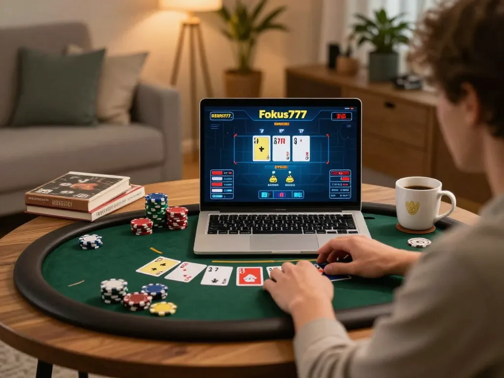 Engaged player at home on Fokus777 playing online poker with strategy books visible.