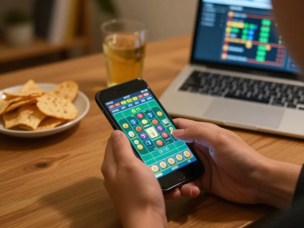 Engaging in tài xỉu online, betting with smartphones in a cozy setting while analyzing strategies.