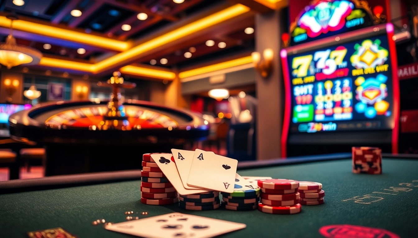 Players enjoying a thrilling game at 789win casino, featuring poker chips and a roulette wheel.