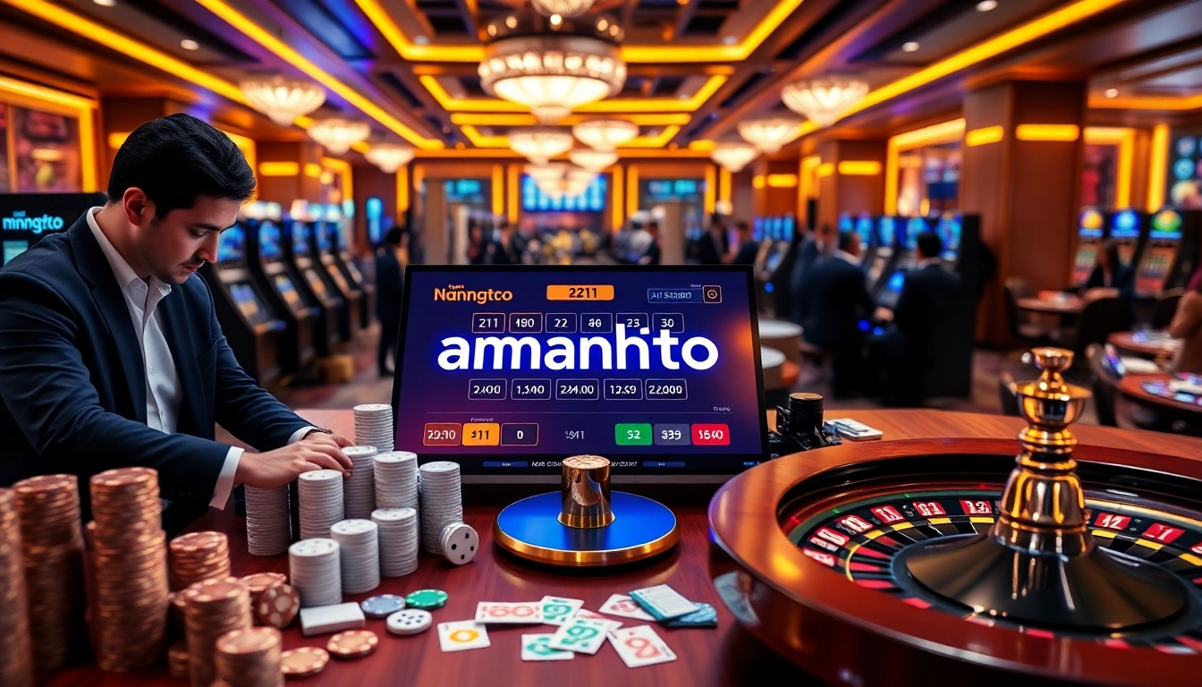 amanahtoto digital betting interface showcasing strategic Toto Macau gameplay with poker chips and roulette wheel