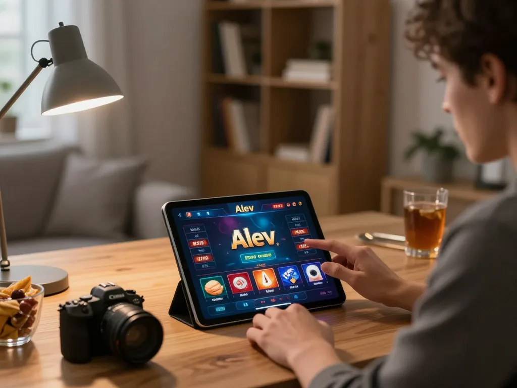 Engaged player exploring games at Alev Casino on tablet in cozy home setting