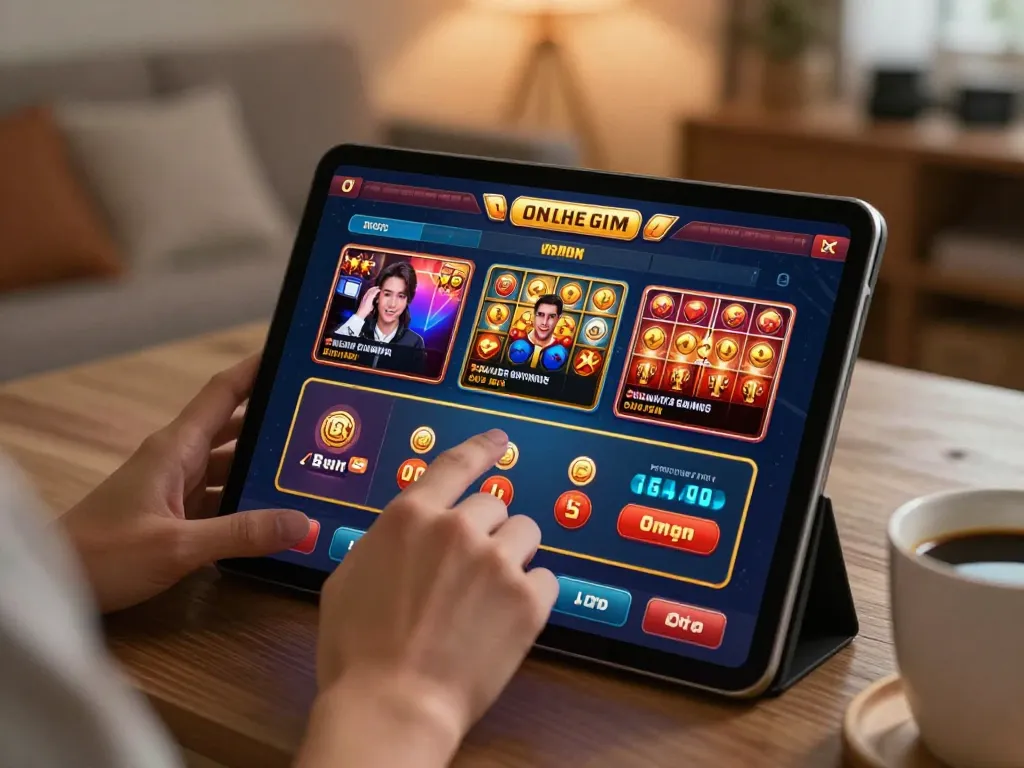 Engaging session on trang chủ 5679 with vibrant online gaming interface on tablet, cozy atmosphere.