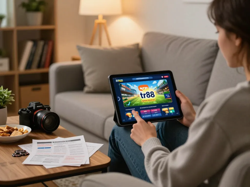 Engaging with the tr88 online casino interface at home, showcasing a cozy betting atmosphere