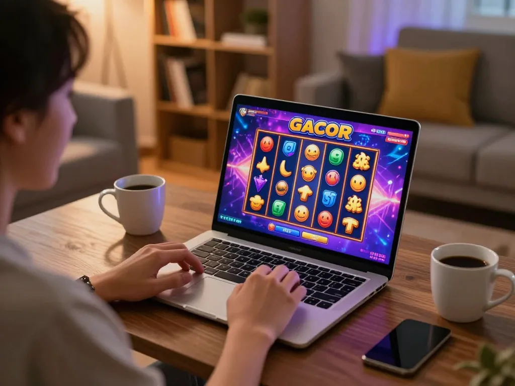 Engaging in slot gacor gameplay at home with vibrant graphics and a cozy atmosphere