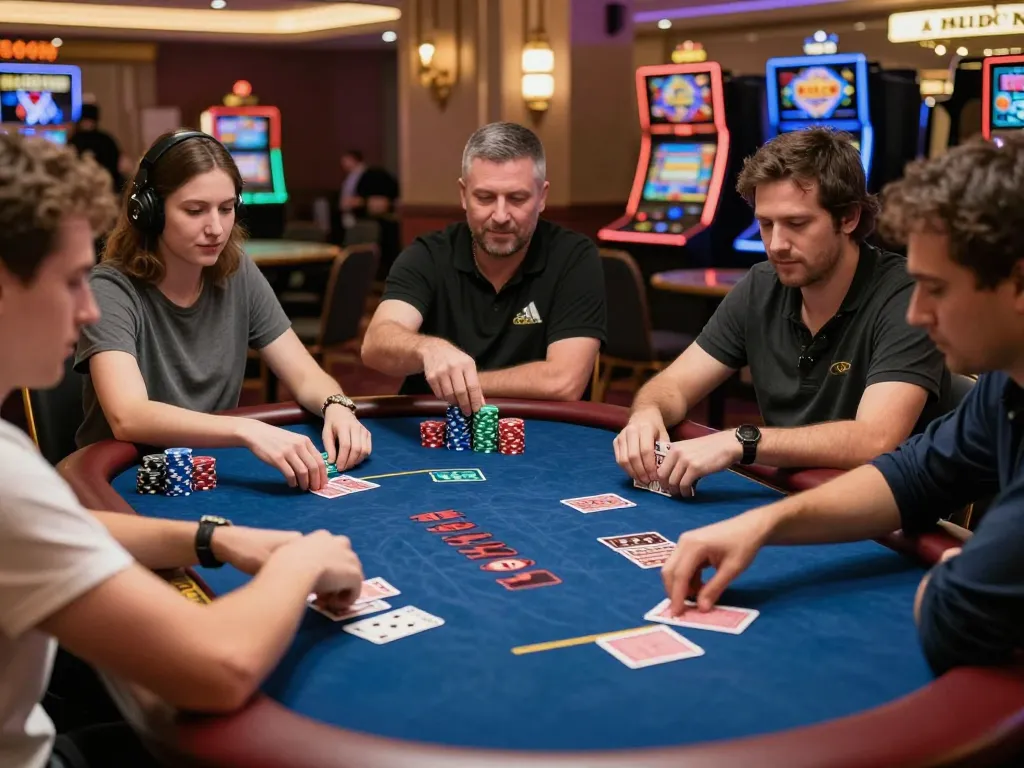 NAGA2000 players strategizing around a vibrant poker table, immersed in thrilling gameplay at the casino.