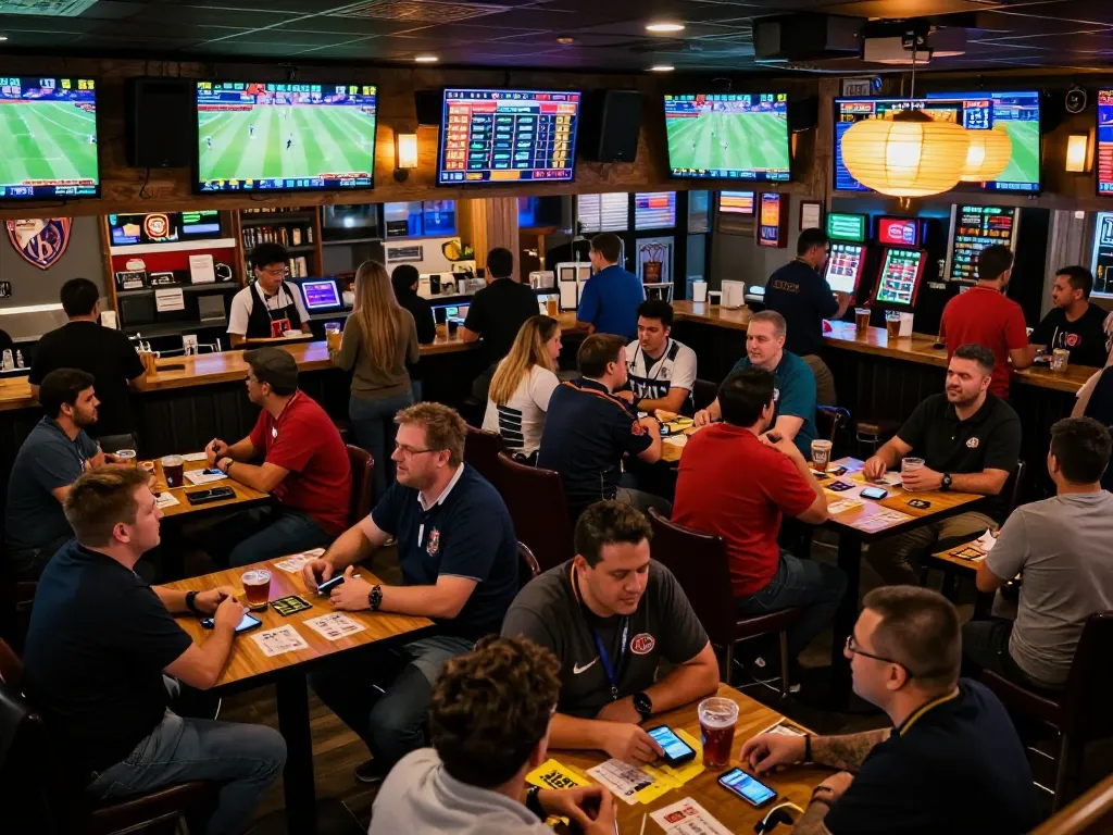 Soi kèo betting action at a lively sports bar with fans watching games and placing bets.