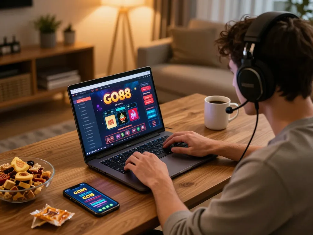 Player engaging with the GO88 app in a dynamic online gaming setup at home.
