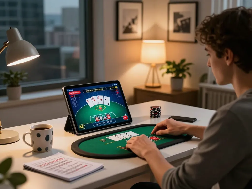 Person playing poker on a tablet at home, highlighting the official website for online gaming strategies.