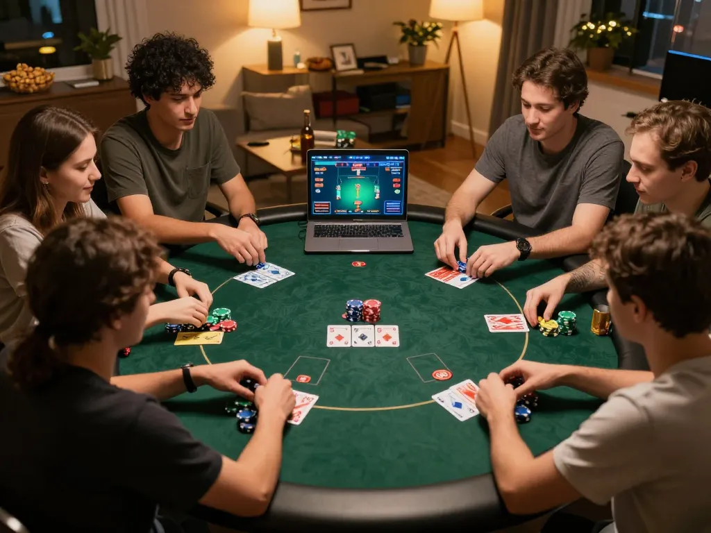 Engage in online poker action at luck8 with colorful chips and cards in a cozy setting.