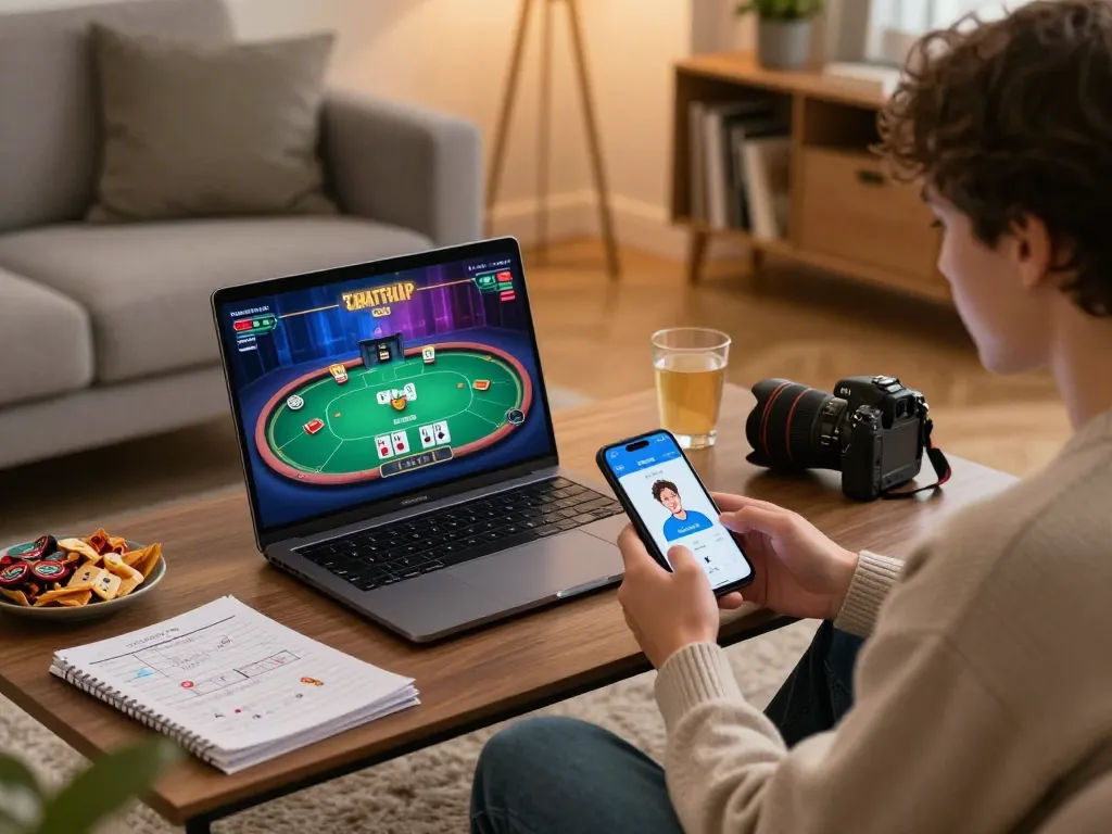 Creating a unique Chatgpt caricature while playing online poker from home, showcasing strategic engagement.