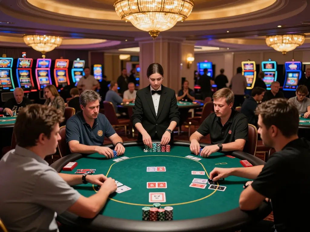 Players enjoying a poker game at a casino table, highlighting strategic gameplay and sunwin excitement in a vibrant atmosphere.