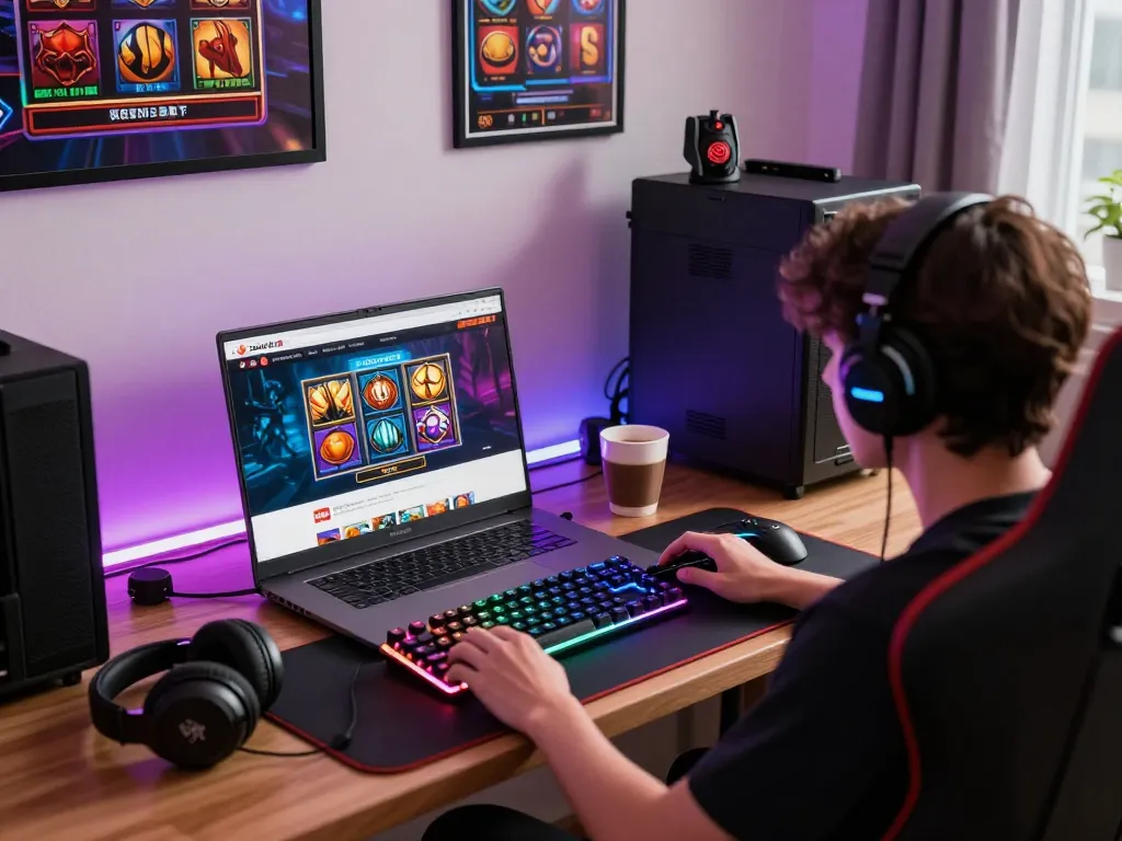 In an engaging gaming setup, zeus138 website displayed on laptop amidst colorful gaming gear and vibrant LED lights.