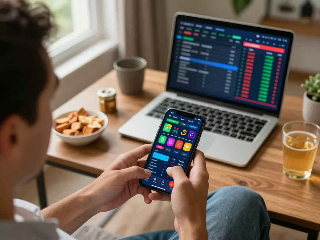 Engaged user betting on vin88 from smartphone, surrounded by snacks in a cozy home environment.