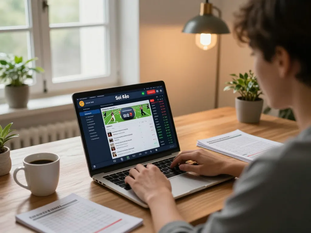 Soi Kèo online sports betting scene showcasing a focused player analyzing game statistics and strategies.