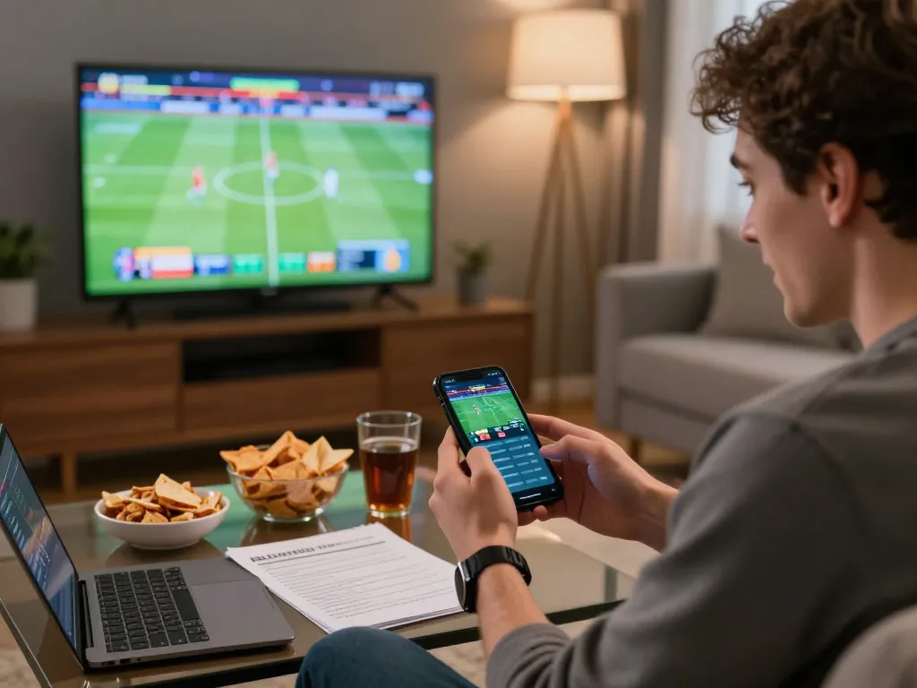 Engaging moment of placing an 88xx bet on sports in a cozy living room, smartphone in hand