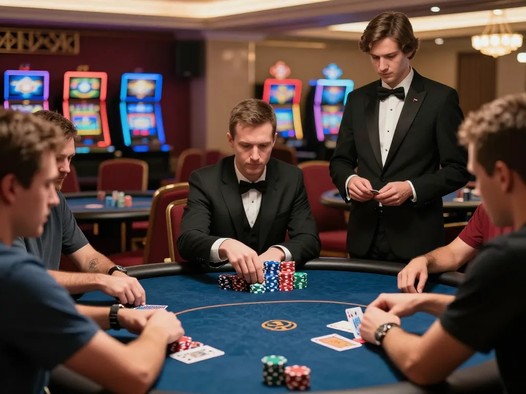 rikvip players strategizing in high-stakes poker game, elegant casino lighting enhances atmosphere