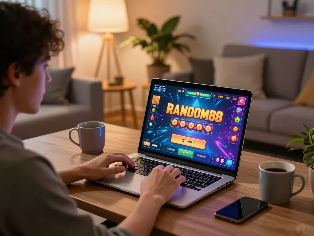 Pemain yang terlibat mengalami permainan online RANDOM88 dengan antarmuka yang cerah dalam suasana rumah yang nyaman