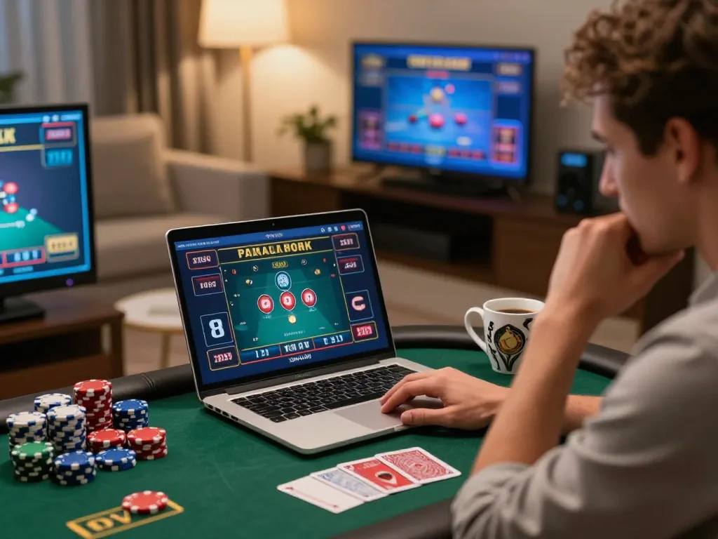 Engaging in high-stakes online poker gaming at home, showcasing the essence of tle-online strategy and excitement.