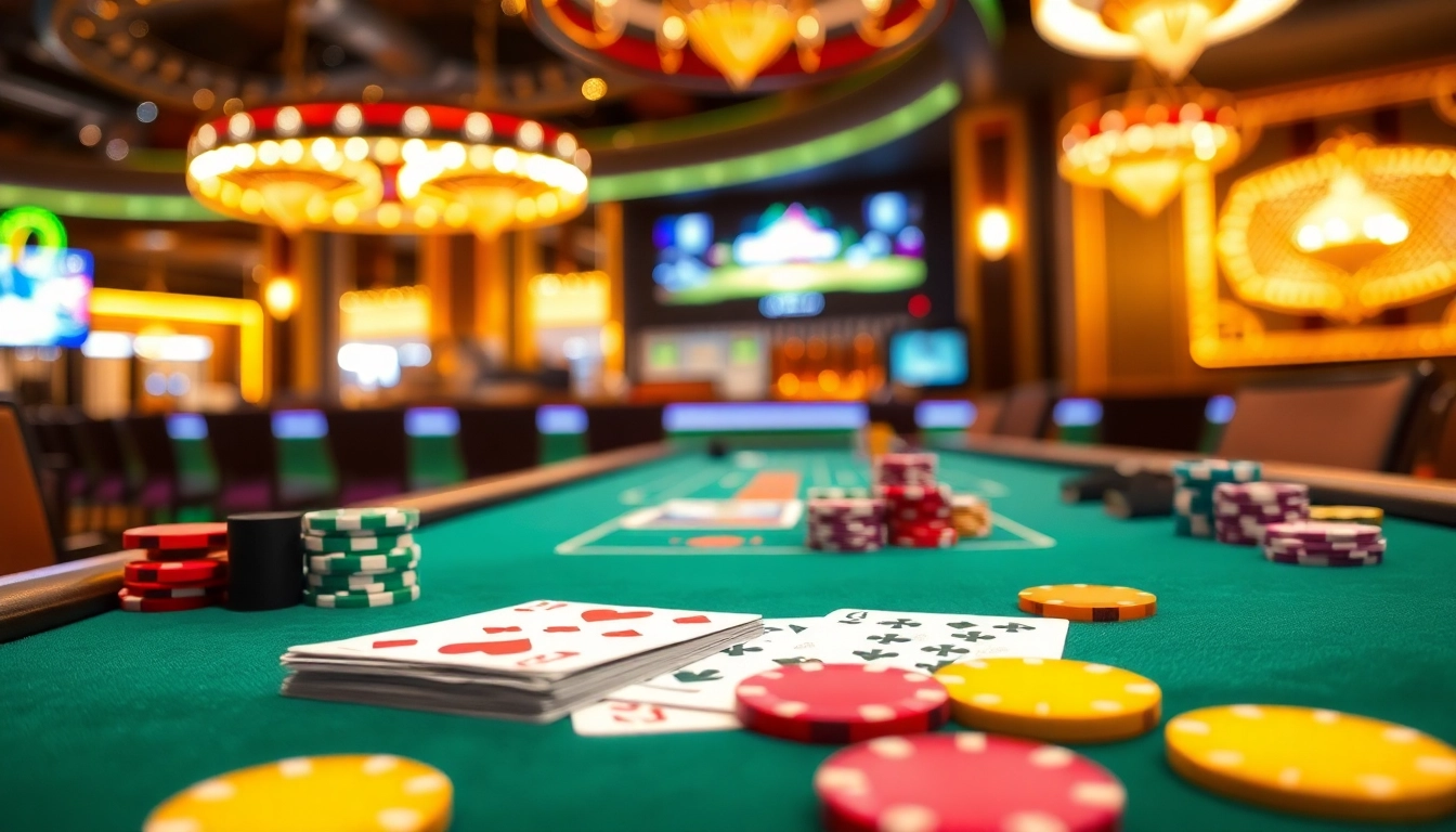 Engaging scene at e2bet casino table featuring vibrant cards and colorful chips.
