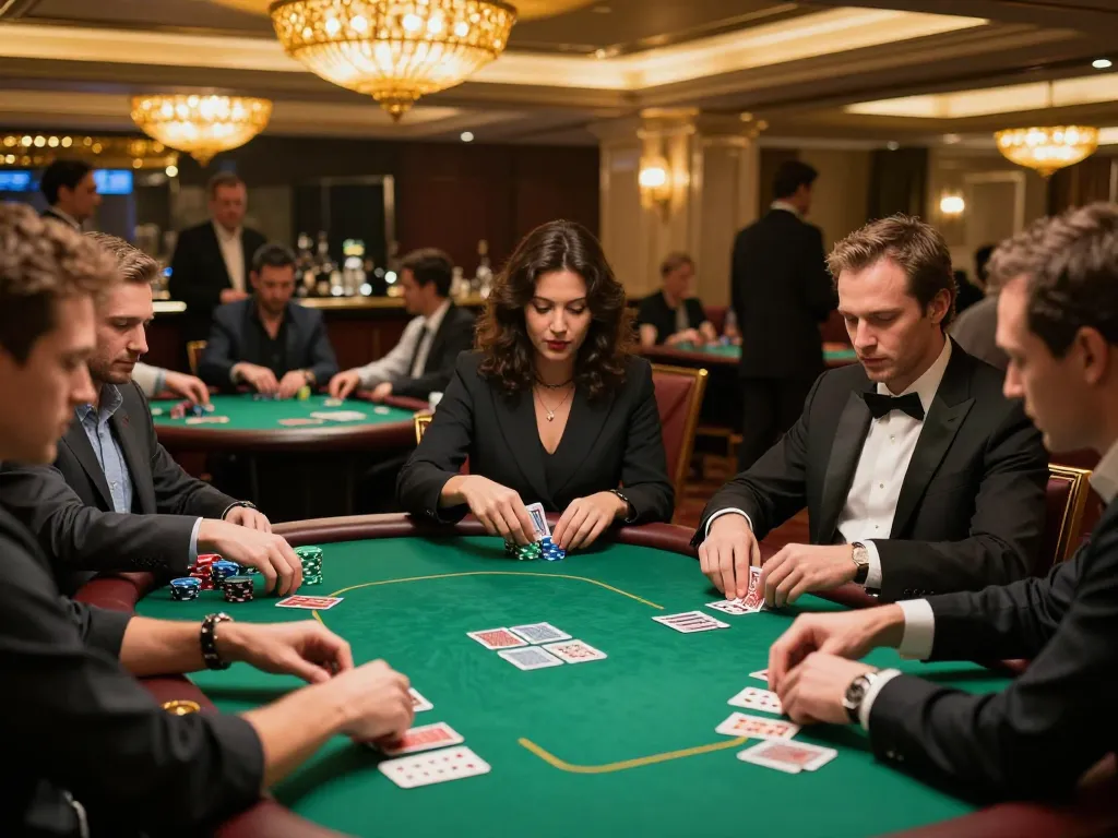 Players engaging in high-stakes poker at F8BET casino, vibrant atmosphere and strategic gameplay.