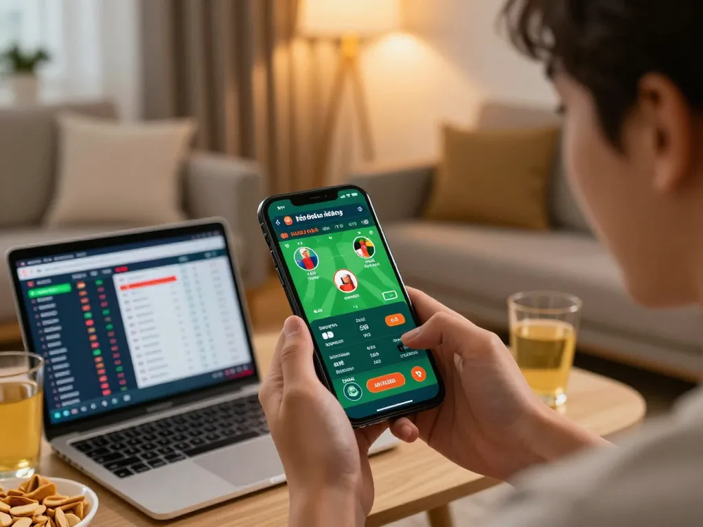 Kèo bóng đá hôm nay displayed on a smartphone as person engages in online sports betting.