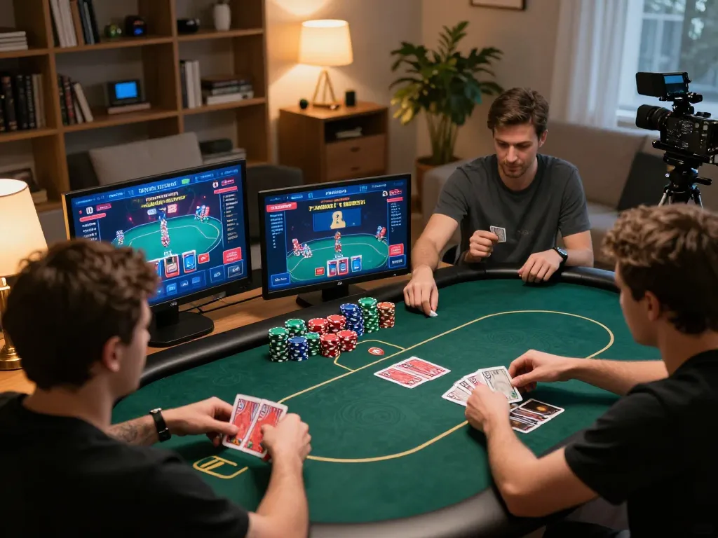 Player analyzing poker hands and strategy on multiple screens in a dinamit4d online gaming setup