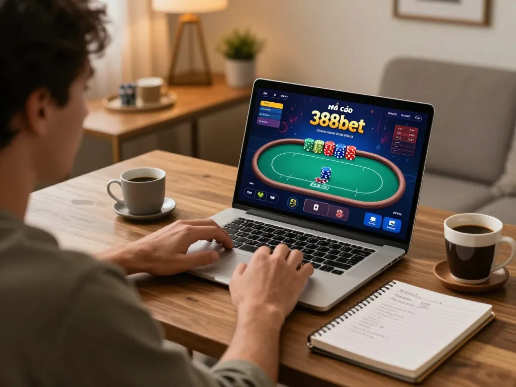 Player engaged with nhà cái 388bet on laptop, highlighting online gambling strategy and comfort.