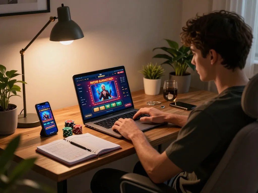 Engaging gameplay at a non Gamstop online casino with a laptop and smartphone on a stylish desk.