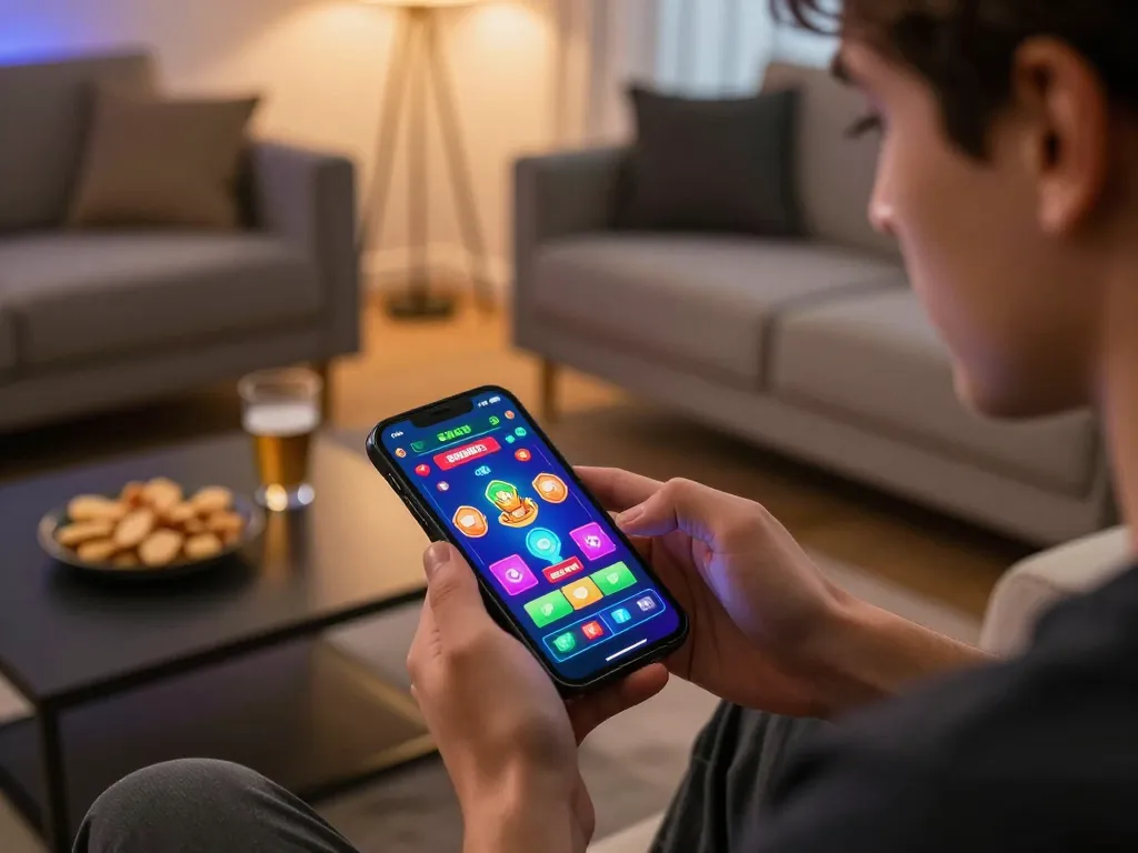 Player engaging with done55 mobile app in a cozy setting, showcasing a thrilling gaming experience