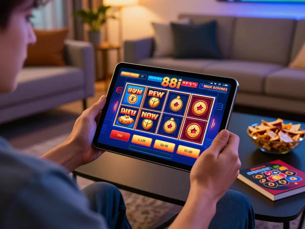 Player engaging with 88i online casino on tablet in a comfortable setting, showcasing live dealer games and slots.