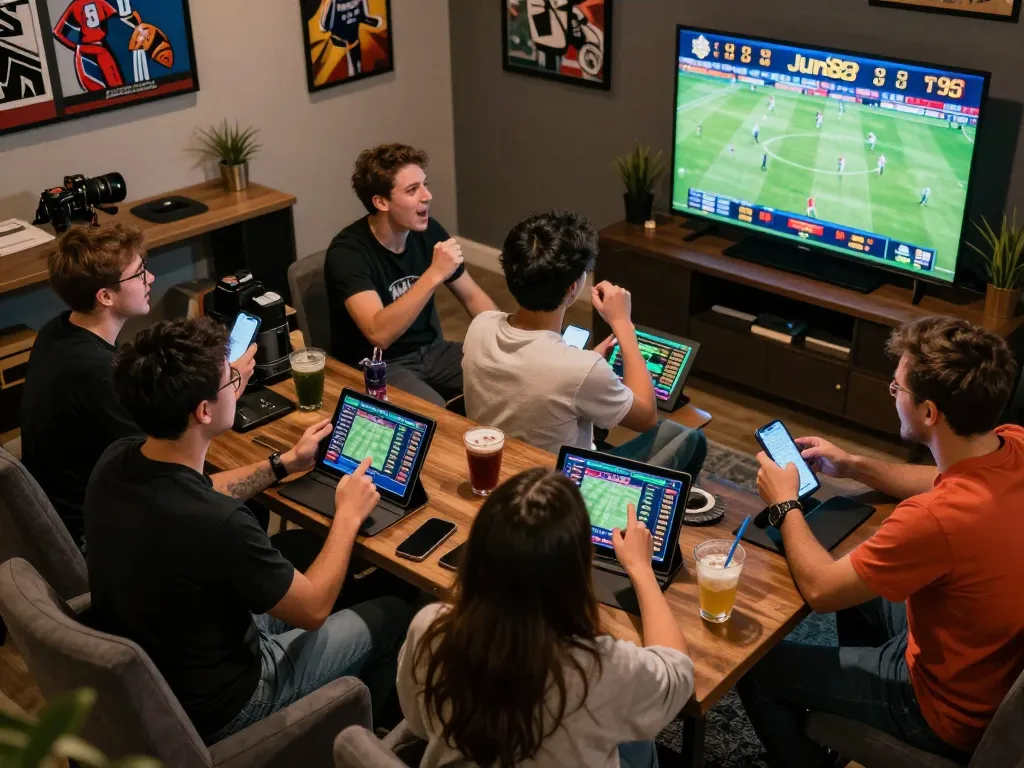 Excited sports bettors using their devices at Jun88 for live betting during a game.