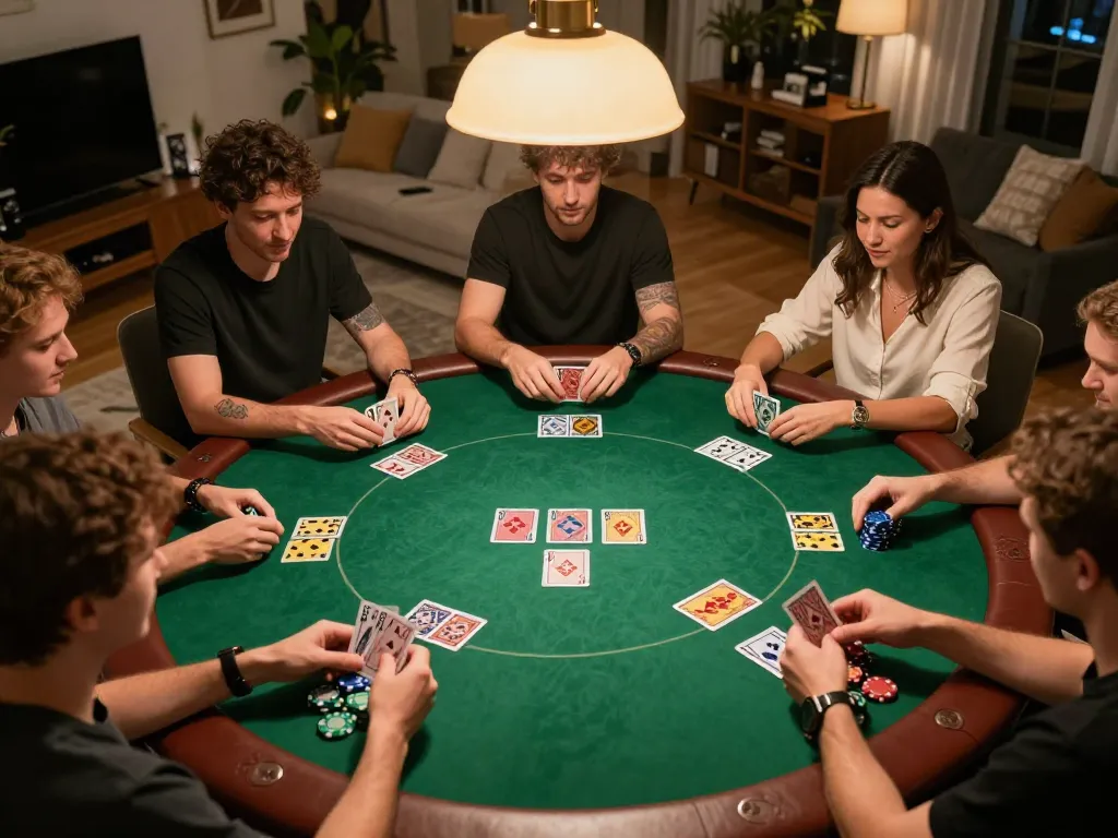 Pemain BAYITOTO terlibat dalam permainan poker di rumah yang menarik, menampilkan strategi dan interaksi sosial.