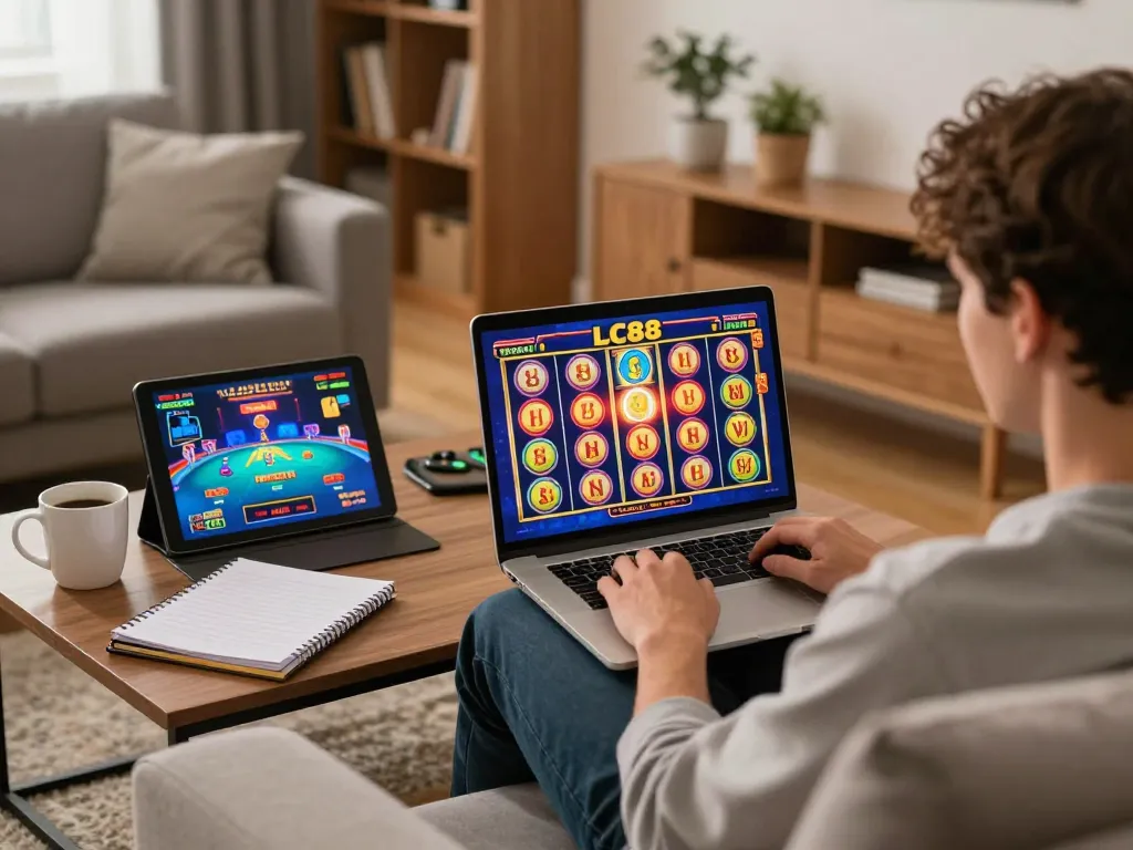 Playing slots at LC88's online casino in a cozy home setting enhances gaming experience.