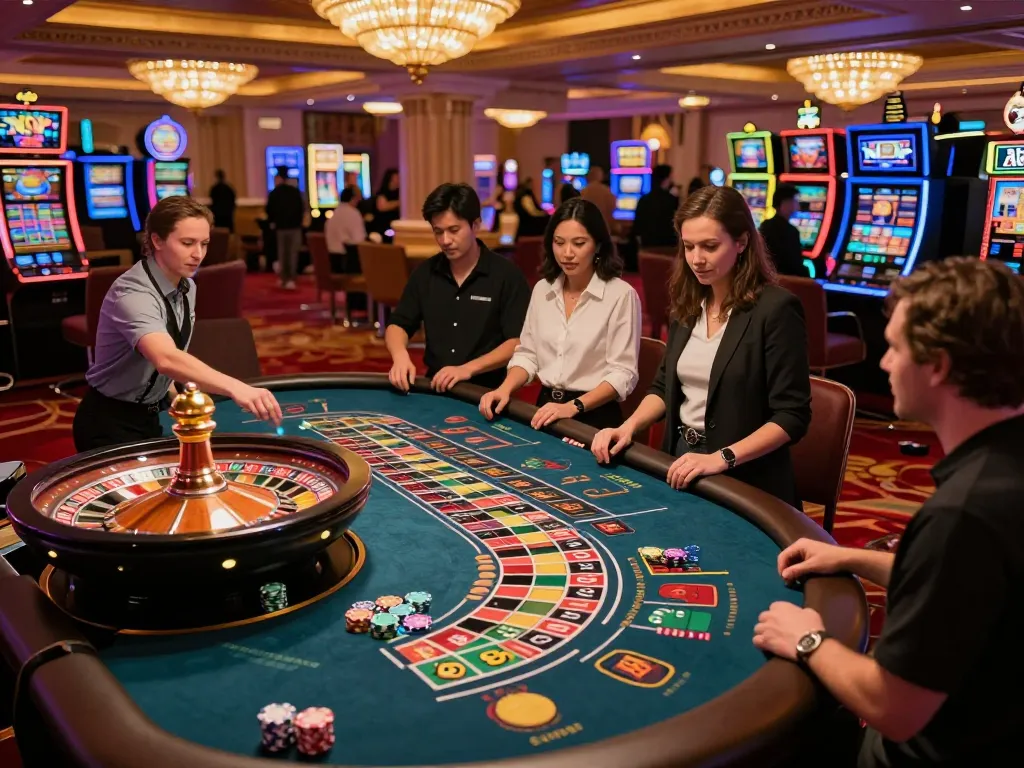Players make bets at a roulette table in NK 88 casino, capturing excitement in vibrant lighting.