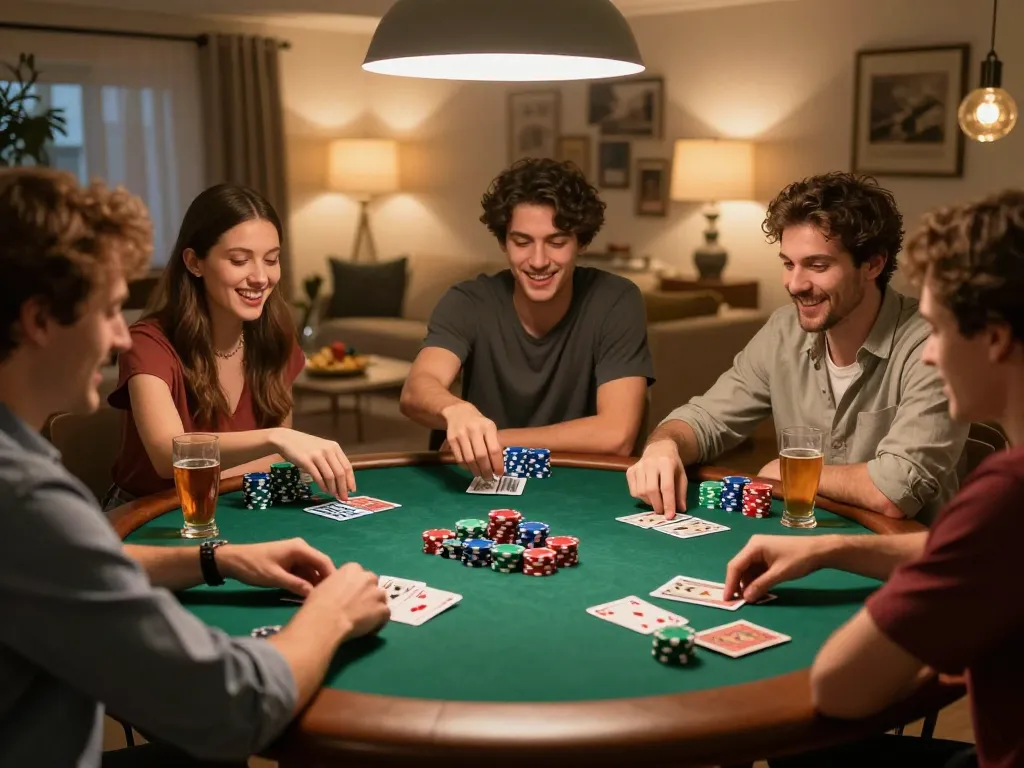 Friends enjoying a lively poker game at home, capturing the excitement and strategy of nego77 gaming.