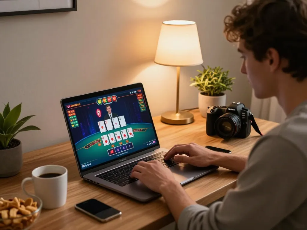 Engaging in n188 com live blackjack with a laptop, capturing strategic gameplay in a cozy home setting.