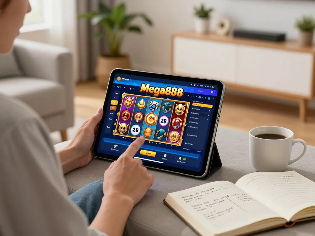 Player enjoying Mega888 free credit gaming on a tablet in a cozy living room.