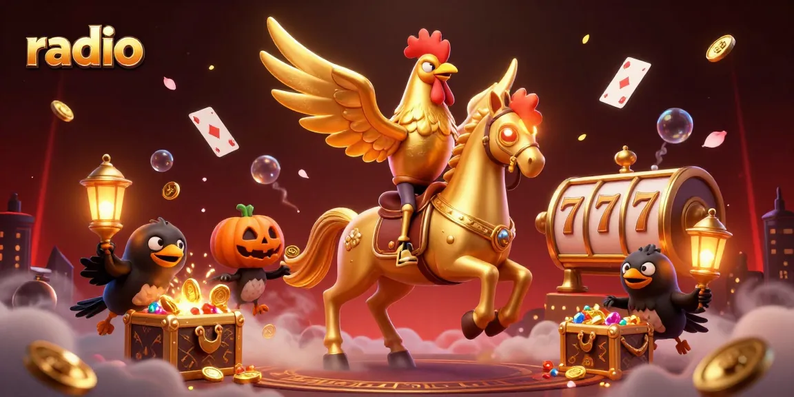 A golden rooster and spectral horse in a vibrant casino scene, embodying the essence of radio gaming.