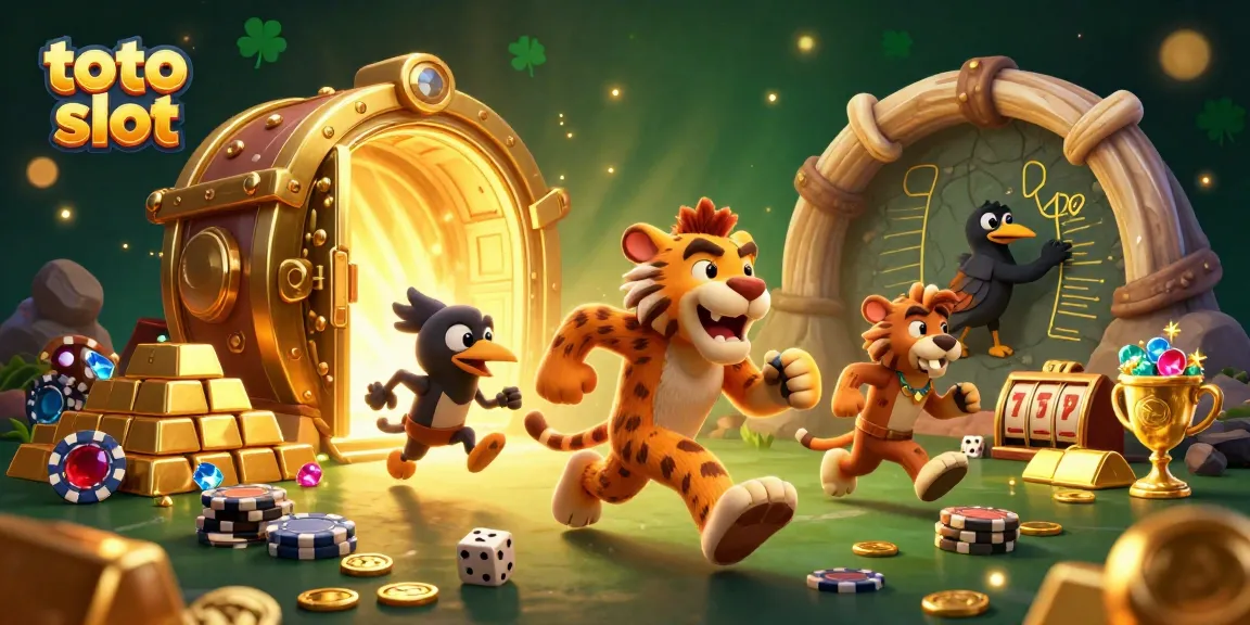 Experience thrilling 'toto slot' action with caveman duo and treasure-filled casino.