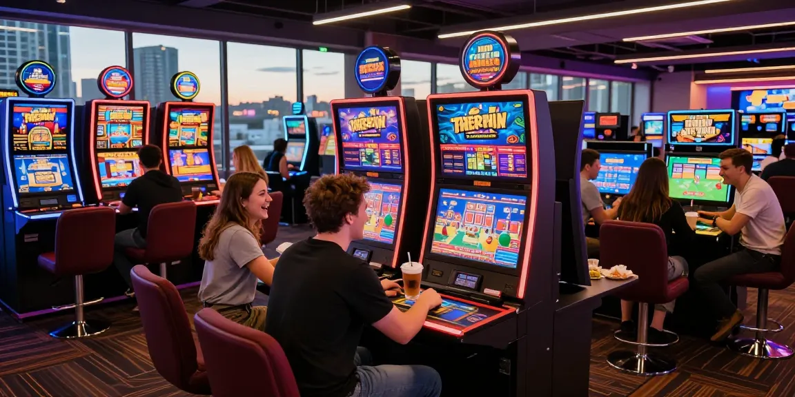 Exciting scene at new online casinos in the UK, showcasing vibrant gaming stations and happy players.