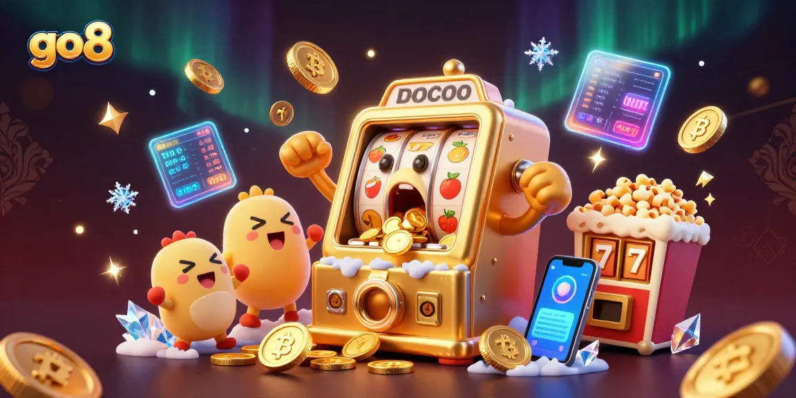 Spin and win at go8 with a golden slot machine celebrating a jackpot amidst vibrant coins and digital currency!