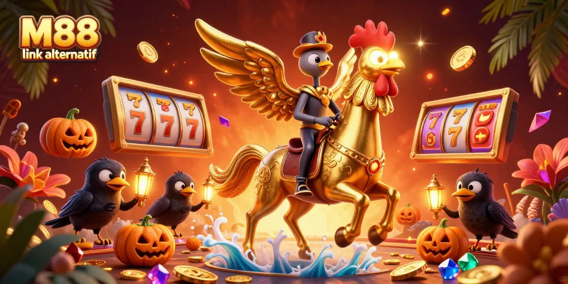 Experience thrilling M88 link alternatif action with dynamic casino elements in a vibrant 3D illustration.