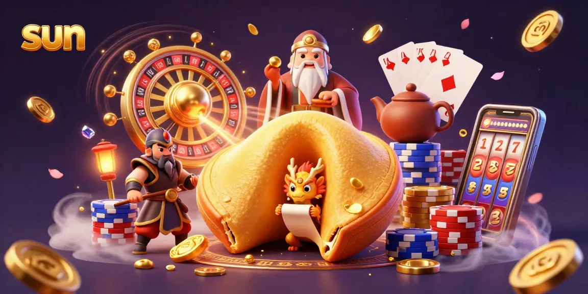 Experience the thrill of sun-themed casino action with a magical dragon, coins, and cards.
